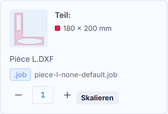 Eine .job-Karte: Chip, Hinweise, Stückzahl, Skalierung