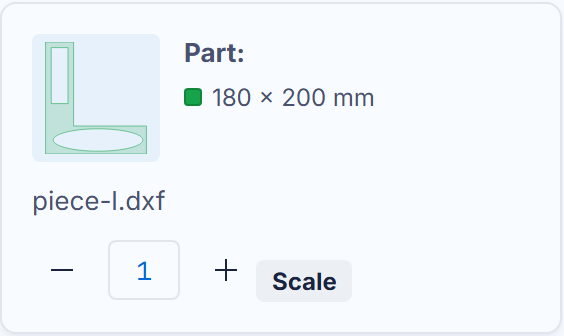 A DXF part card: preview, quantity, scale