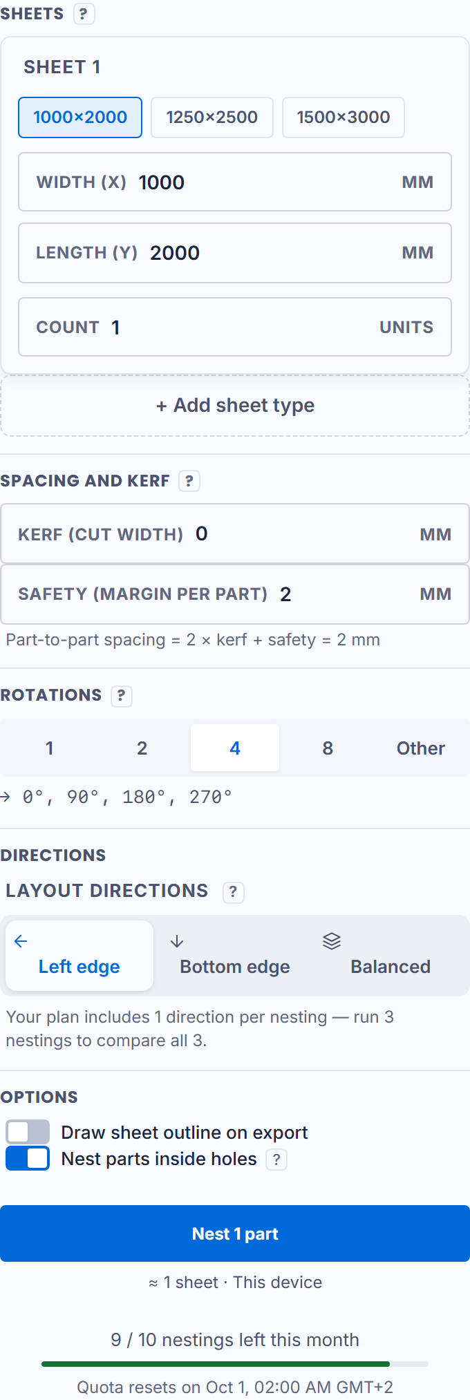 The settings: sheets, spacing, rotations, directions