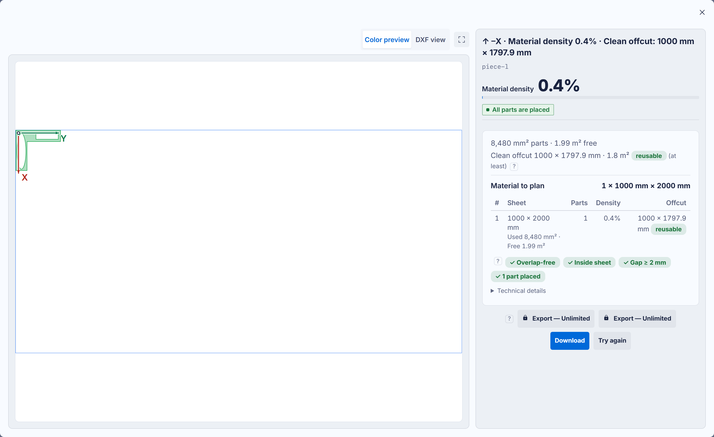 The result screen: proposals, density, badges, downloads
