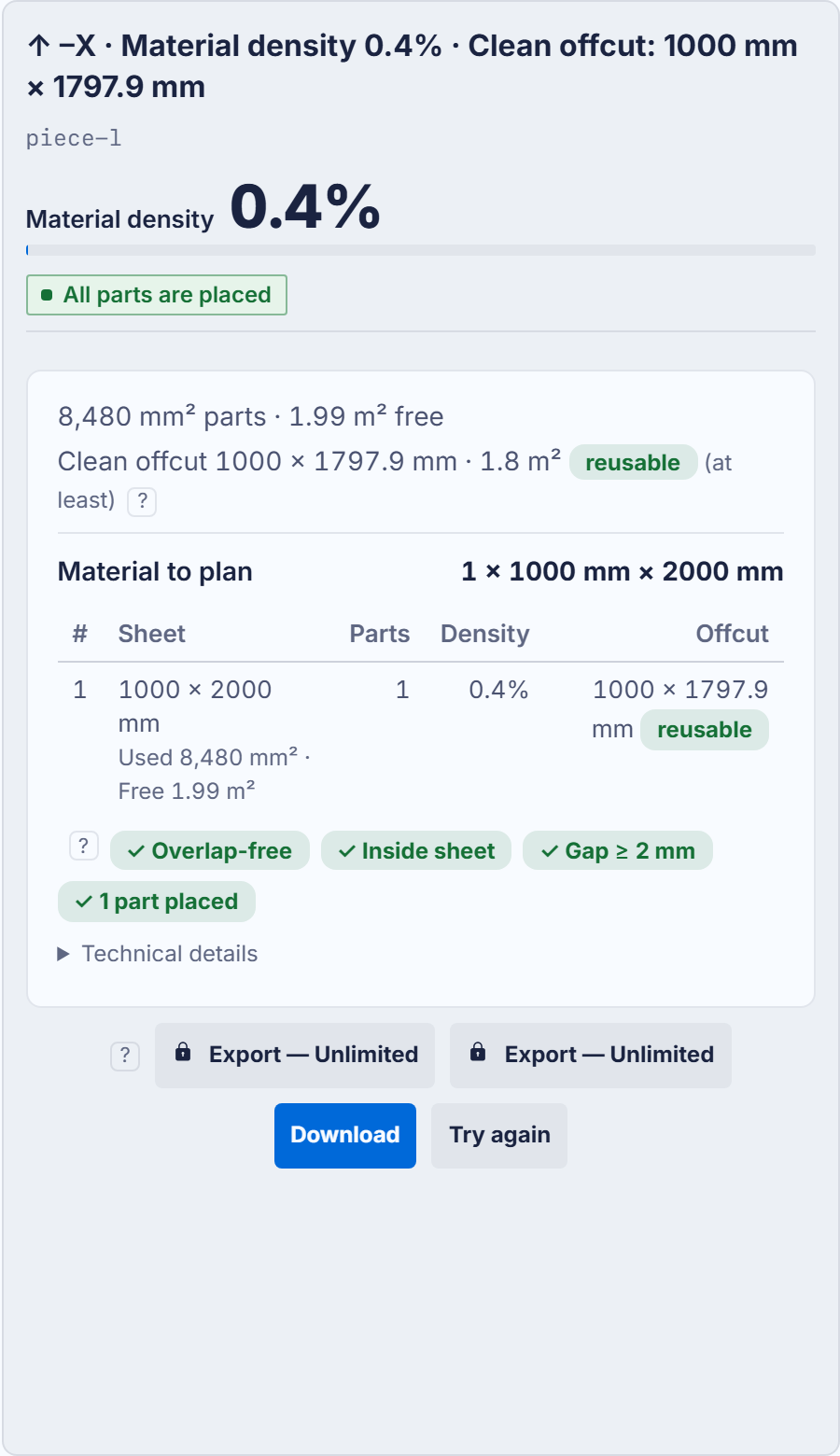 The result report: header, density, badges