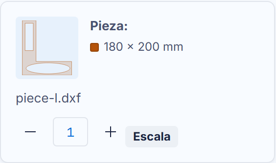 Una ficha DXF: vista previa, cantidad, escala