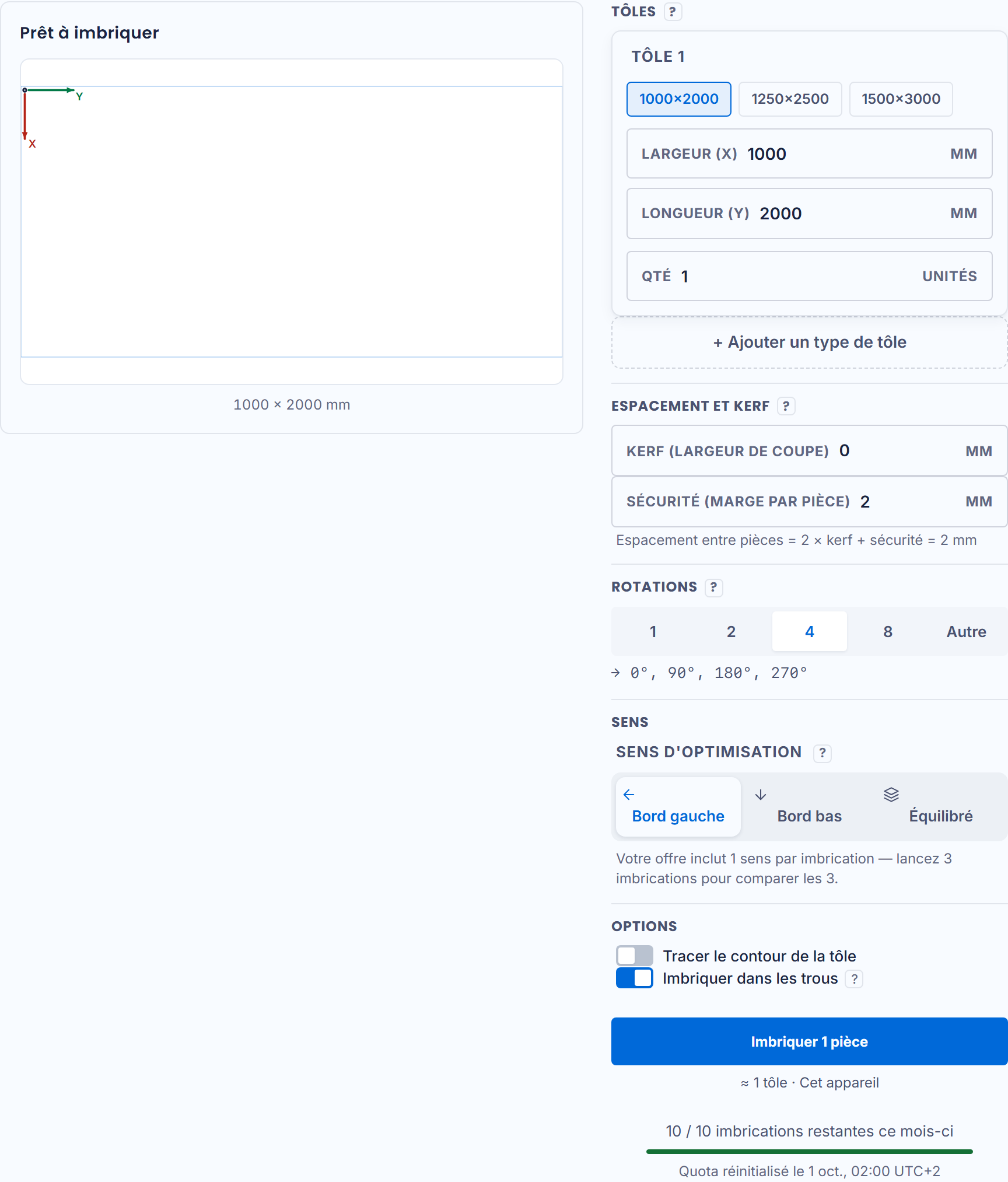 La page projet : la tôle et ses réglages