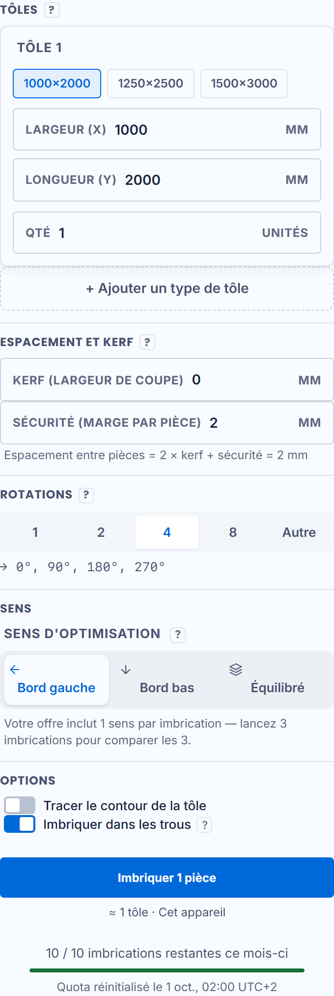 Les réglages : tôles, espacement, rotations, sens