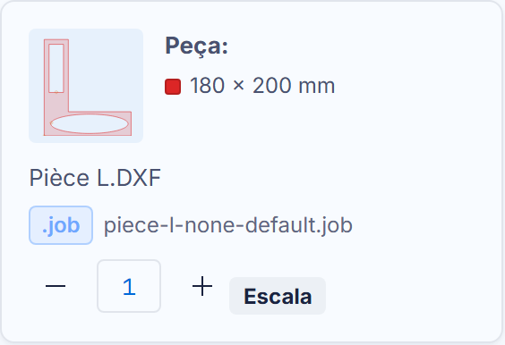 Um cartão .job: chip, avisos, quantidade, escala
