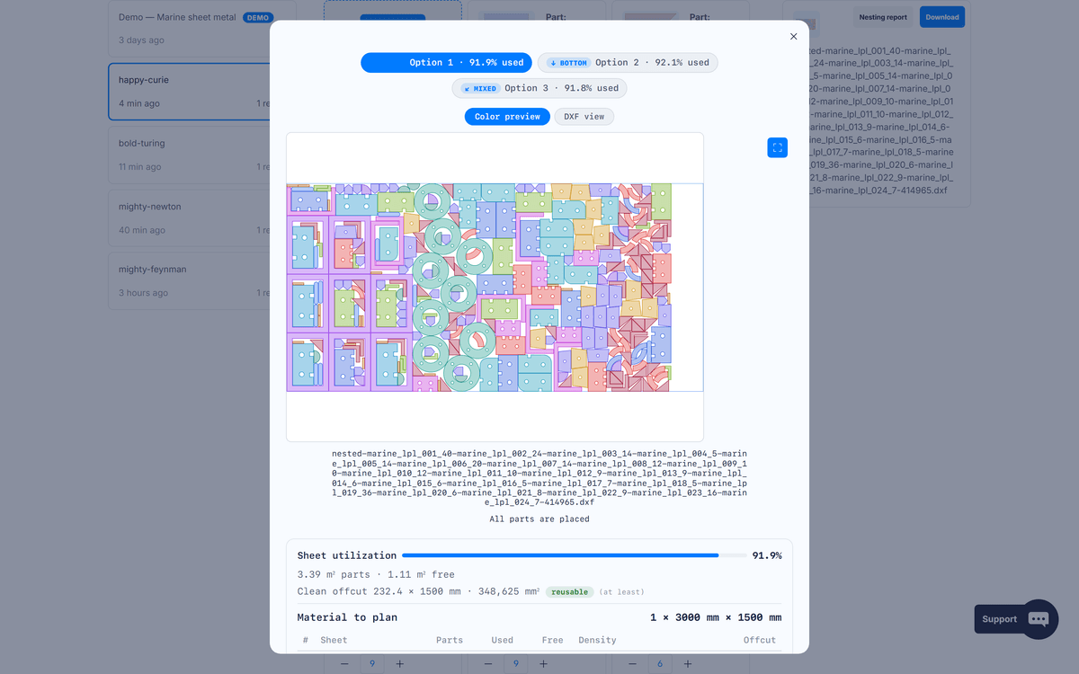 The result modal compares three alternative layouts for the same 304 parts — densest, largest remnant and balanced