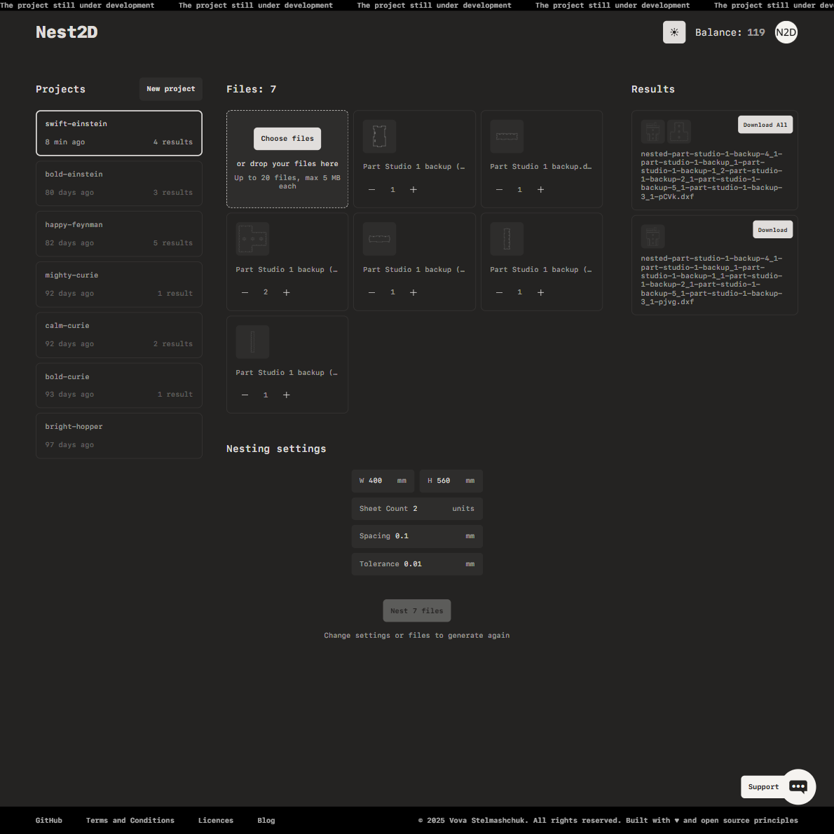 NestorCut workspace with uploaded DXF parts and live previews
