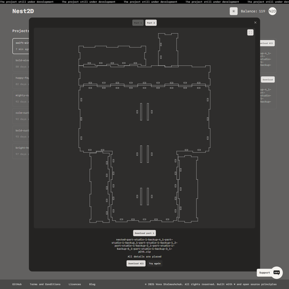 Optimized nested layout result with material savings metrics